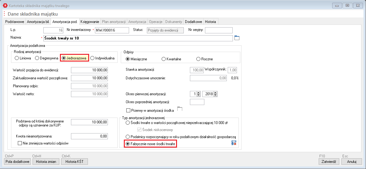 WAPRO Best. Definiowanie amortyzacji jednorazowej fabrycznie nowego środka trwałego