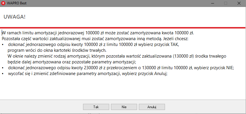 WAPRO Best. Wybór warunków amortyzacji następującej po częściowej amortyzacji jednorazowej