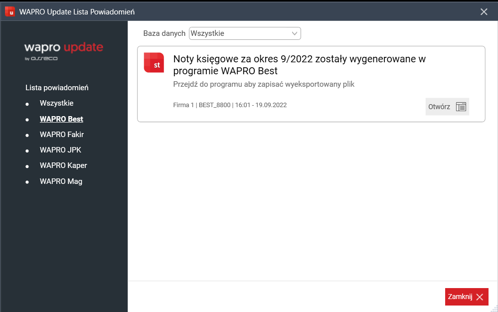 WAPRO Best. Przykład powiadomienia wyświetlonego w Wapro Update