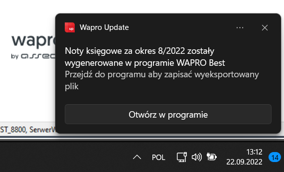 WAPRO Best. Przykład powiadomienia wyświetlonego w systemie