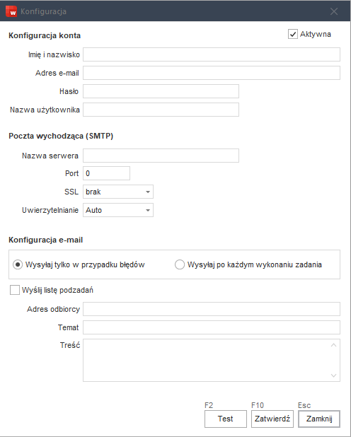 WAPRO Best. Konfiguracja powiadomień o zdarzeniach w czynnościach automatycznych