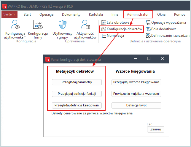 Konfiguracja dekretów w Wapro Best – definiowanie parametrów księgowania, funkcji dekretujących oraz reguł automatycznej dekretacji operacji na środkach trwałych