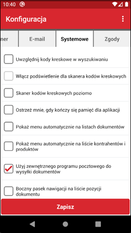 Wapro mobilny handlowiec ustawienia systemowe