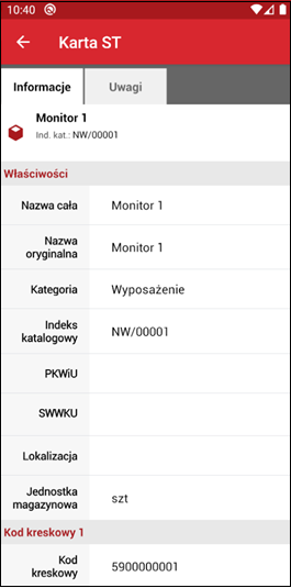 Wapro mobilny inwentaryzator kartoteka ST produktu