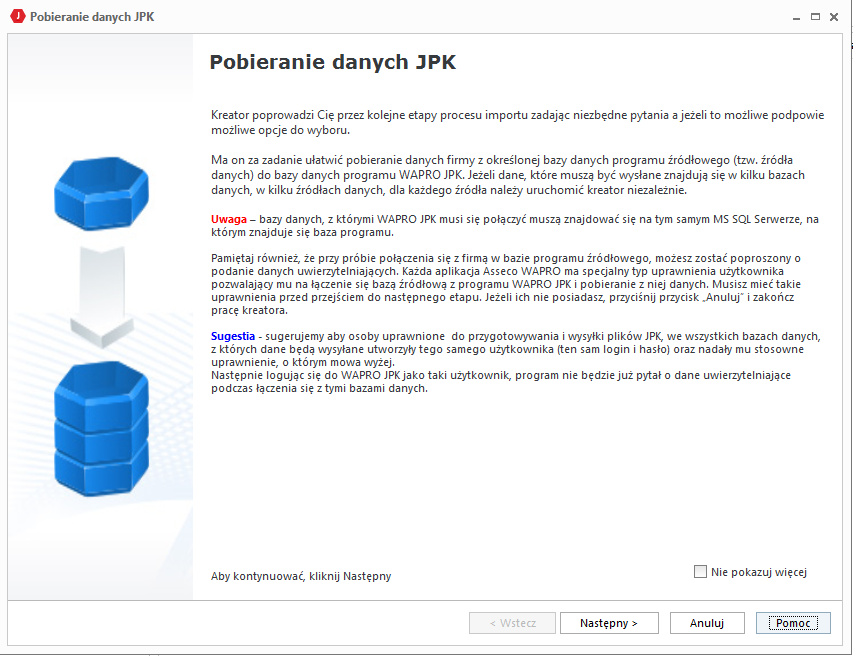 WAPRO JPK. Pobieranie danych JPK - Krok 1. Informacje wstępne