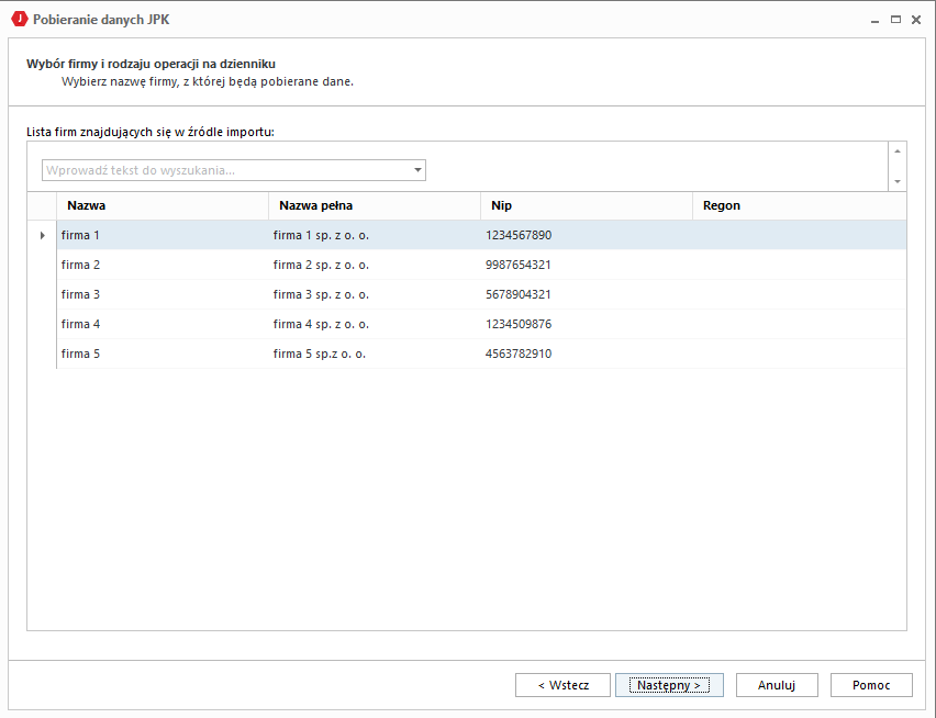 WAPRO JPK. Pobieranie danych JPK. Krok 3. Wybór firmy