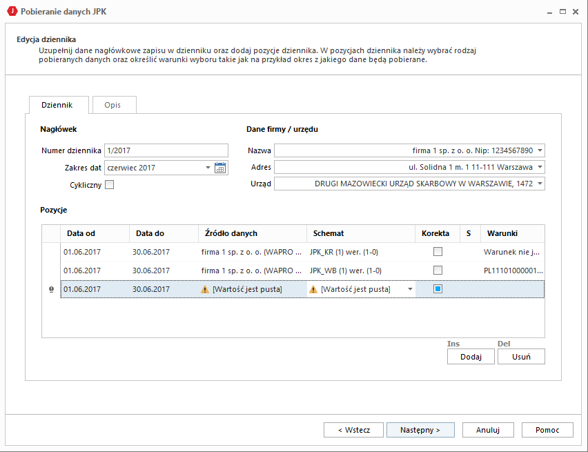 WAPRO JPK. Kreator - Wstawianie pozycji dziennika