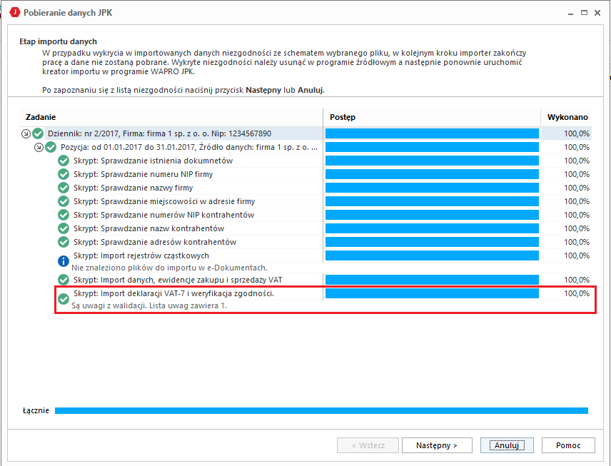 WAPRO JPK. Porównanie z naliczoną deklaracją VAT, wynik