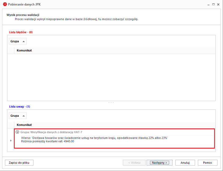 WAPRO JPK. Kreator - Opis niezgodnosci po weryfikacji z deklaracją VAT