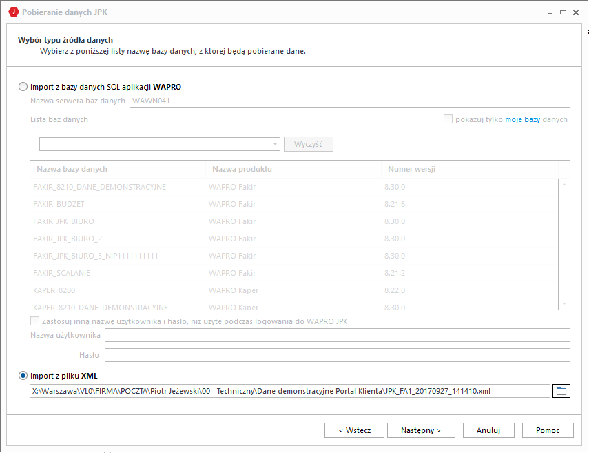 WAPRO JPK. Kreator pobierania danych z plików - Krok 2