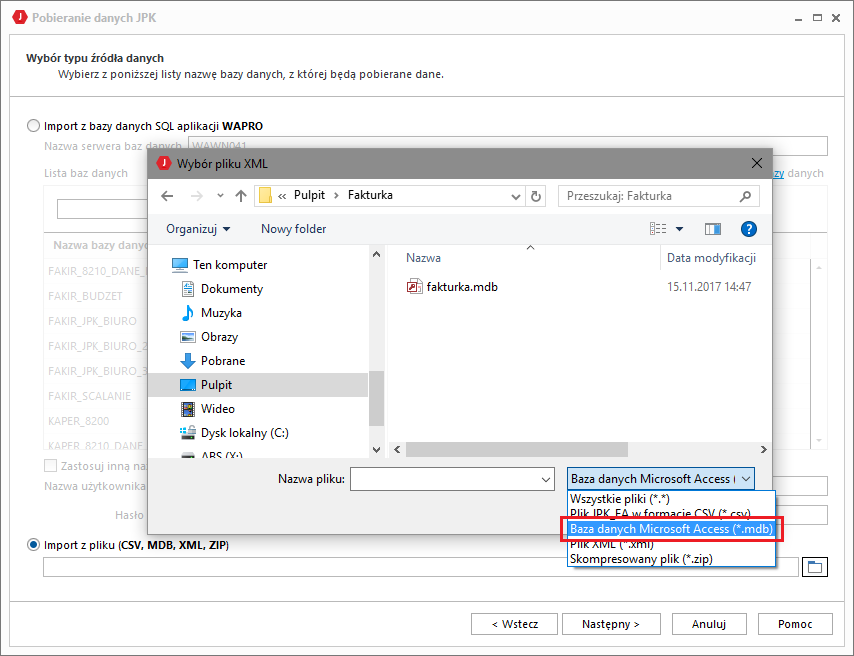 WAPRO JPK. Pobieranie danych JPK z WAPRO Fakturka - wybór pliku