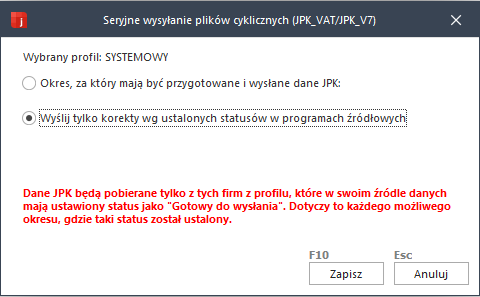 WAPRO JPK. Wysyłanie seryjne korekt za poprzednie okresy