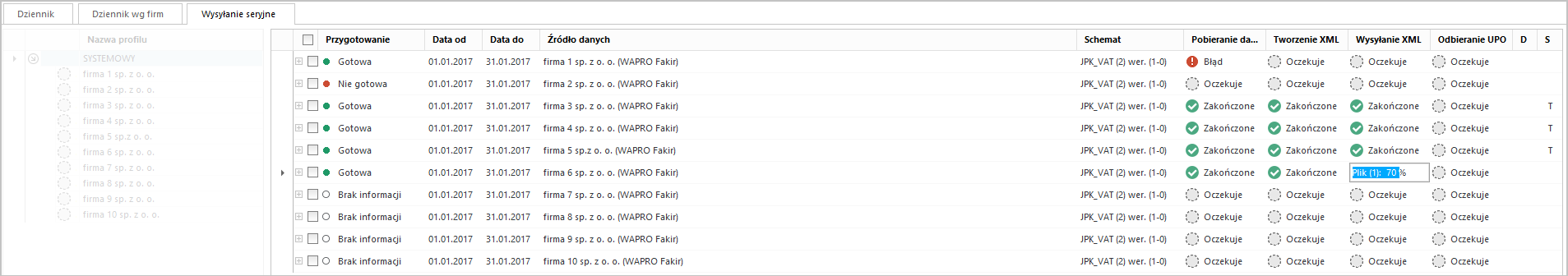 WAPRO JPK. Zakładka "Wysyłanie seryjne" w trakcie wysyłania