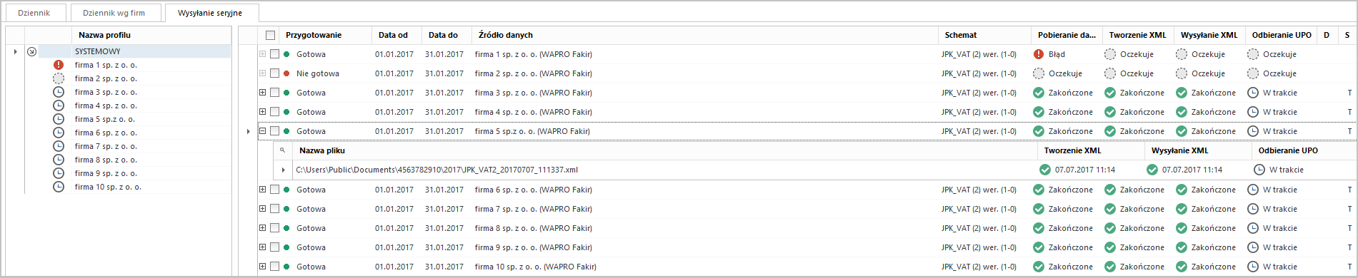 WAPRO JPK. Zakładka "Wysyłanie seryjne po zakończeniu wysyłania"