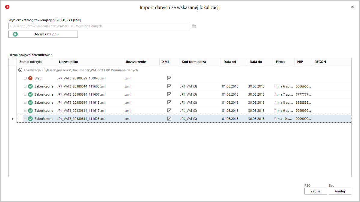 WAPRO JPK. Podsumowanie pobierania danych z plików JPK_VAT