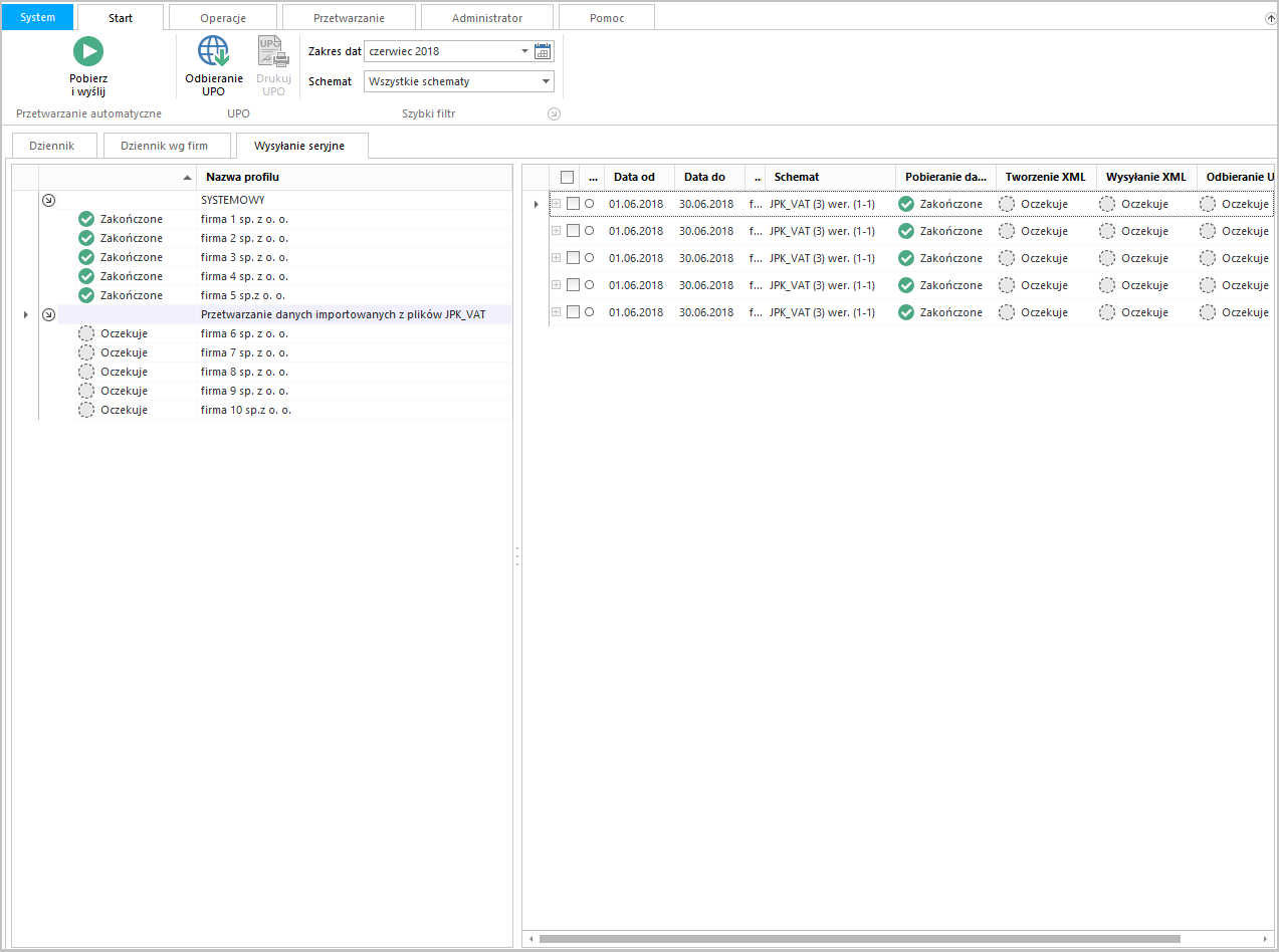 WAPRO JPK. Zakładka "Wysyłanie seryjne", dodane nowe pozycje