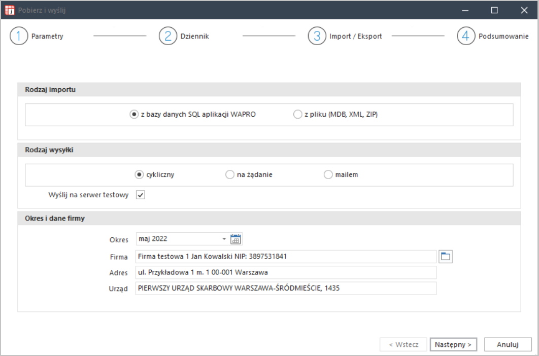 WAPRO JPK - Kreator wysyłki seryjnej - Krok 1.