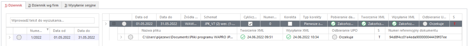 WAPRO JPK. Dziennik - pozycja dla pliku wysłanego na serwer MF