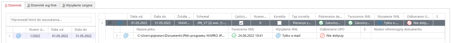 WAPRO JPK.  Dziennik - pozycja dla pliku wysłanego mailem