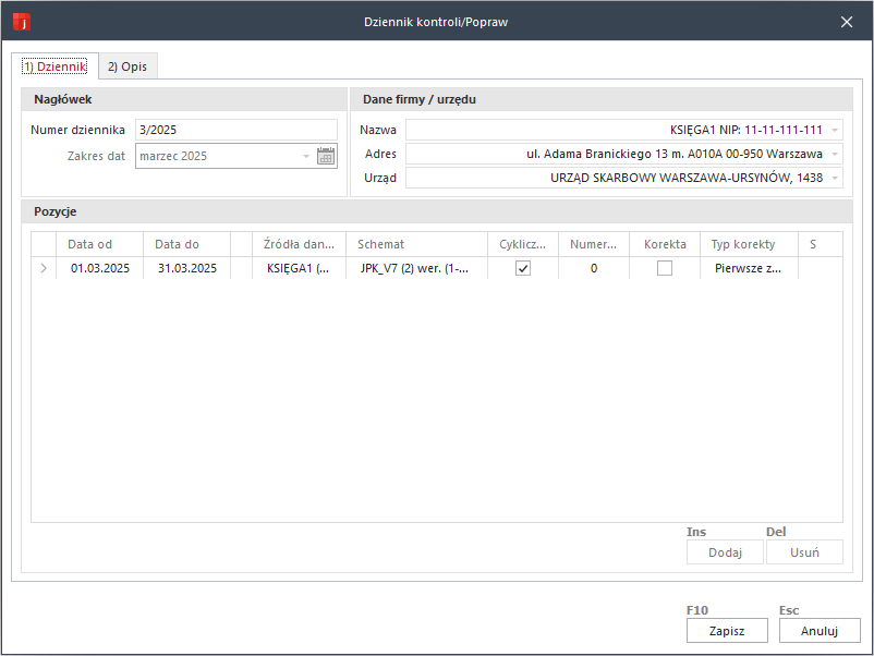 WAPRO JPK. Formatka "Popraw"