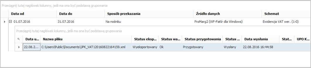 WAPRO JPK. Tworzenie XML - Zmiana statusu na "Wysłany"