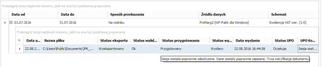 Zmieniony status pozycji w dzienniku oraz komunikat o weryfikacji wysłanego pliku