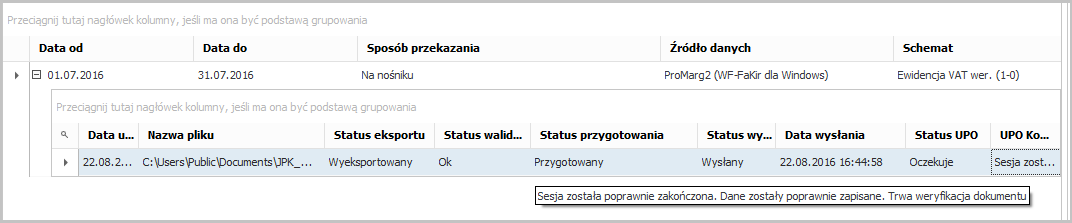 Zmieniony status pozycji w dzienniku oraz komunikat o weryfikacji wysłanego pliku