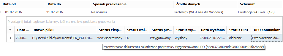 WAPRO JPK. Polecenie &quot;Odbieranie UPO&quot;. Komunikat po pobraniu UPO