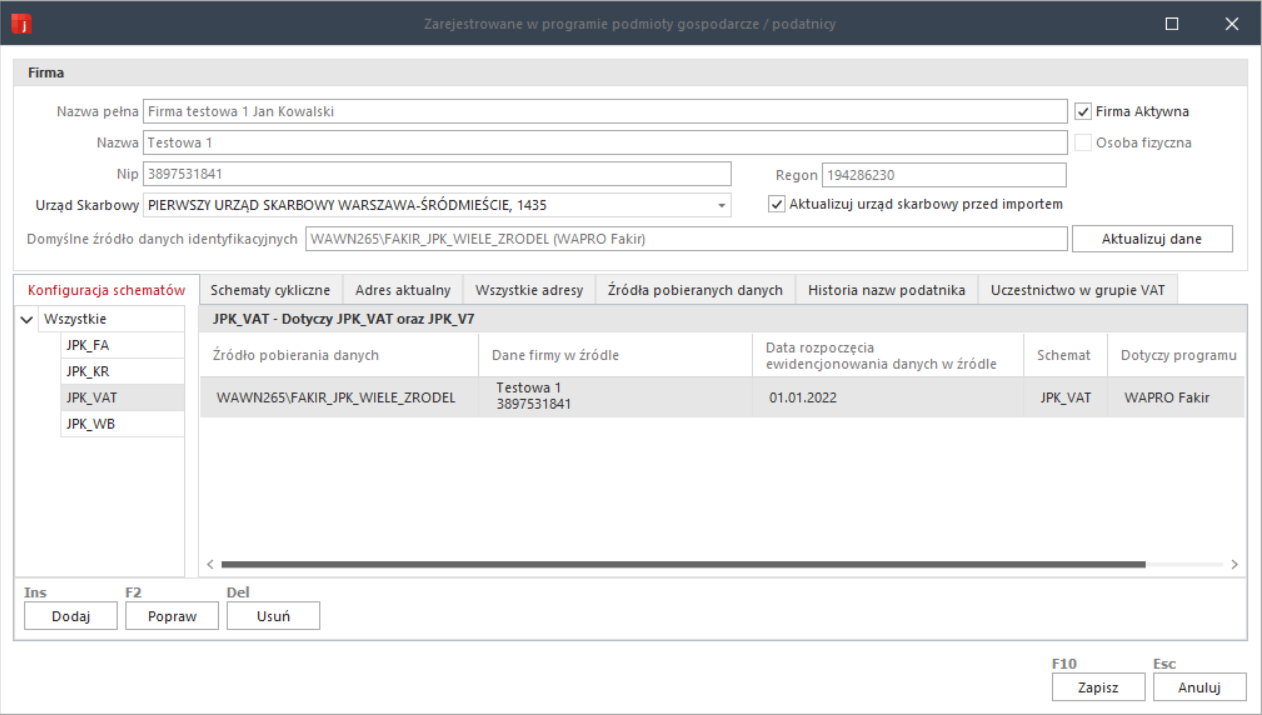 WAPRO JPK. Polecenie &quot;Lista firm&quot;, formularz edycji firmy