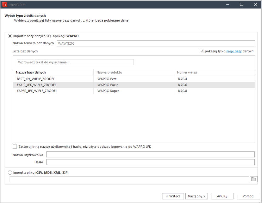 WAPRO JPK. Polecenie "Lista firm", kreator dodawania firmy. Moje bazy