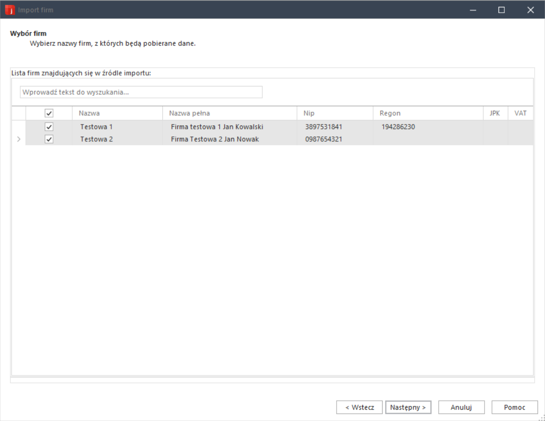 WAPRO JPK. Polecenie &quot;Lista firm&quot;, kreator dodawania firmy. Wybór firmy