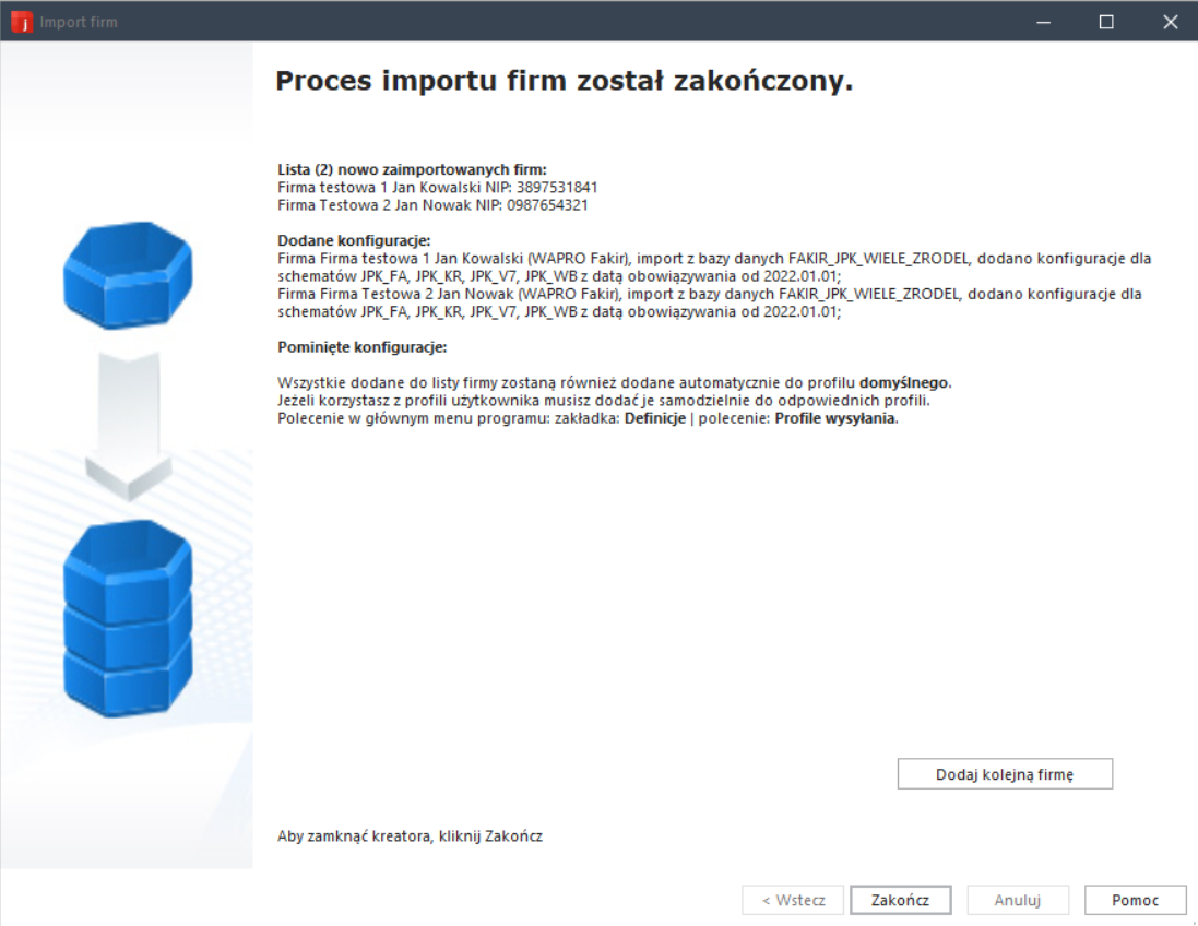 WAPRO JPK. Polecenie &quot;Lista firm&quot;, kreator dodawania firmy. Ostatni krok