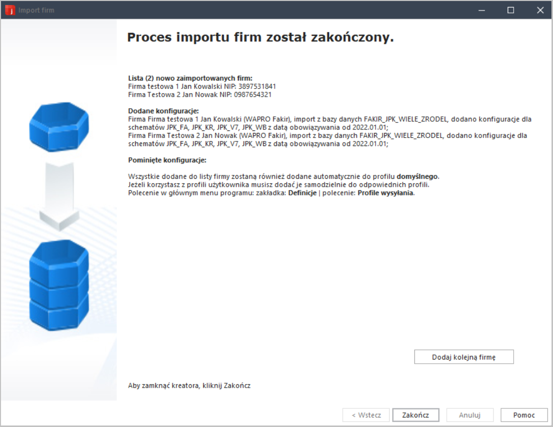WAPRO JPK. Polecenie "Lista firm", kreator dodawania firmy. Ostatni krok
