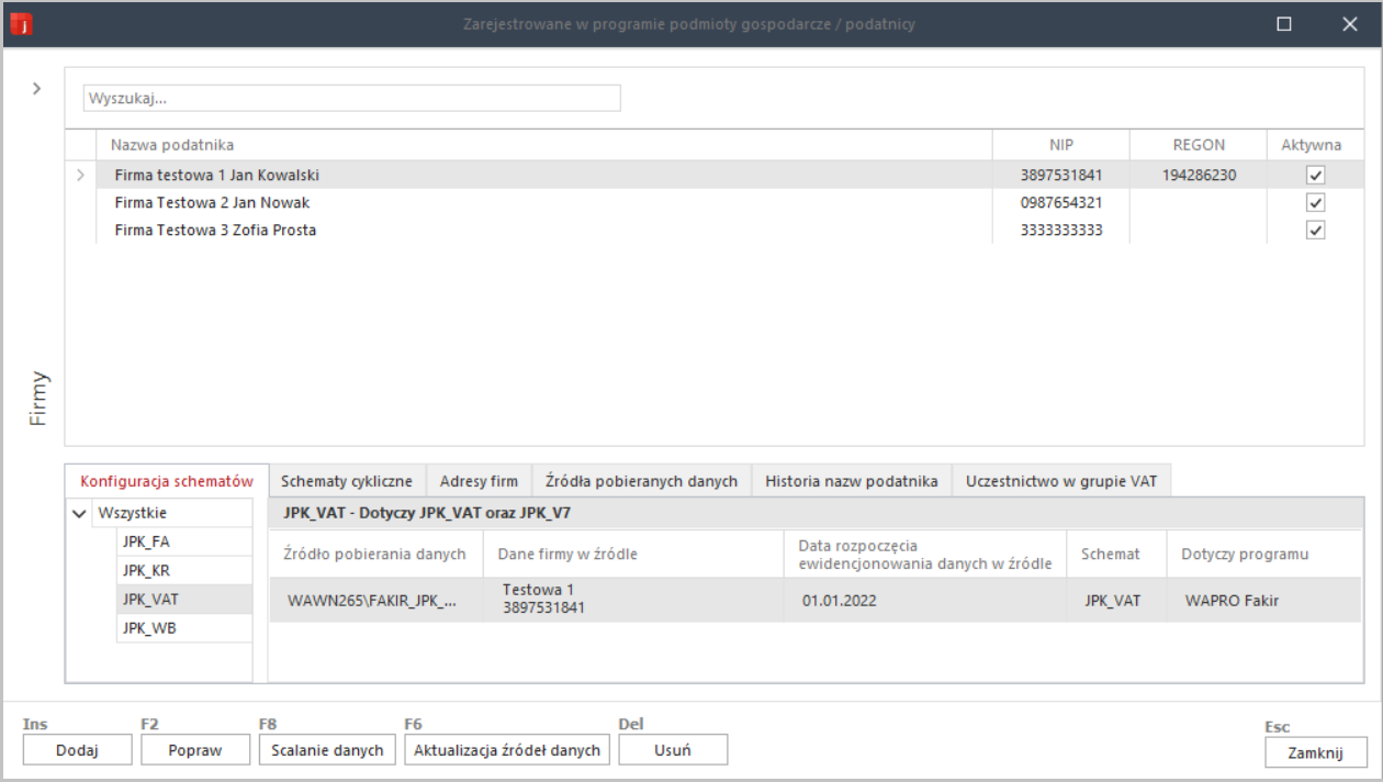 WAPRO JPK. Polecenie "Lista firm", kreator dodawania firmy. Lista firmy