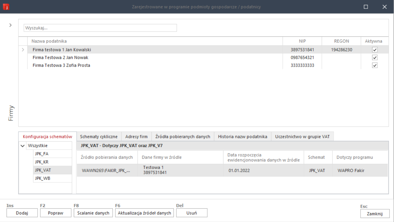WAPRO JPK. Polecenie &quot;Lista firm&quot;, kreator dodawania firmy. Lista firmy