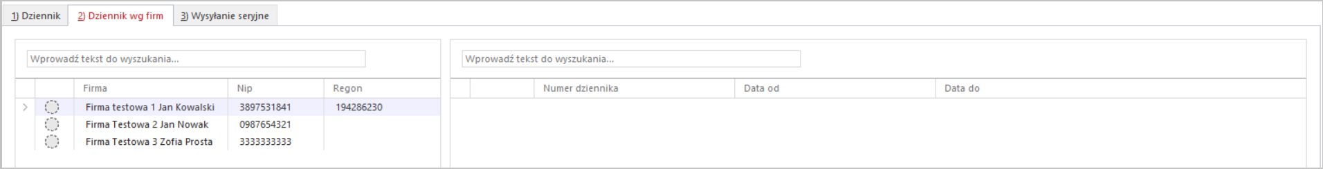 WAPRO JPK. Polecenie "Lista firm", kreator dodawania firmy. Dodane firmy w sekcji wyboru