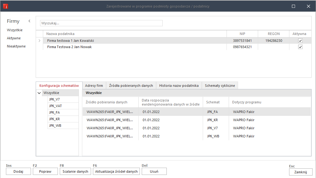 WAPRO JPK. Polecenie &quot;Lista firm&quot;, Filtrowanie firm aktywnych i nieaktywnych w oknie kartoteki