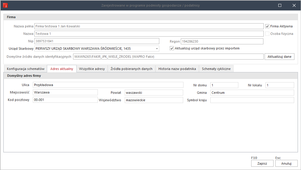 WAPRO JPK. Polecenie &quot;Lista firm&quot;, aktualny adres