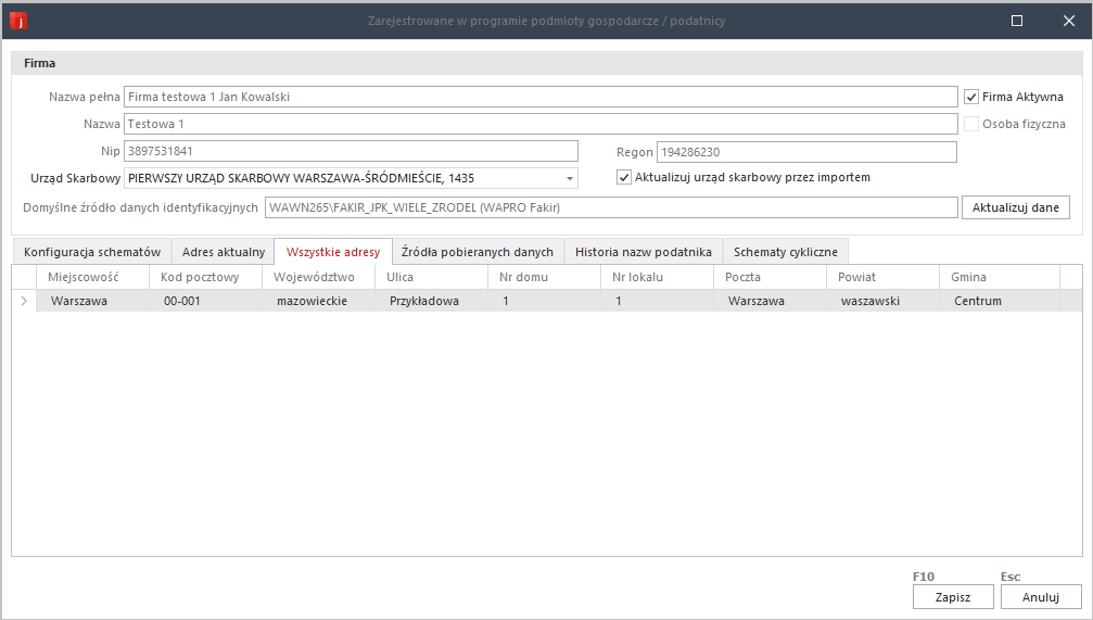 WAPRO JPK. Polecenie &quot;Lista firm&quot;. Zakładka &quot;Wszystkie adresy&quot;