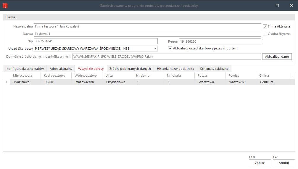 WAPRO JPK. Polecenie &quot;Lista firm&quot;. Zakładka &quot;Wszystkie adresy&quot;