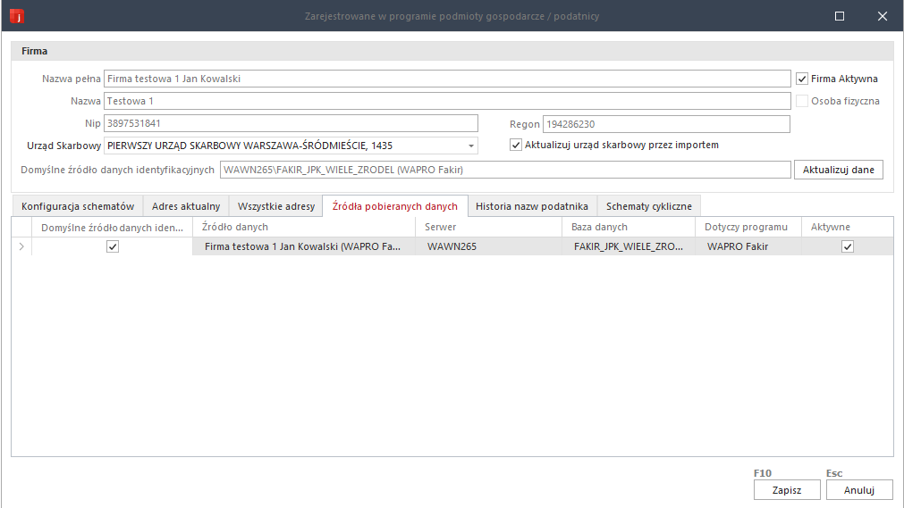 WAPRO JPK. Polecenie &quot;Lista firm&quot;. &quot;Źródła pobieranych danych&quot;