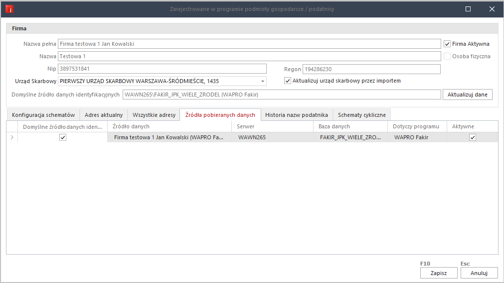 WAPRO JPK. Polecenie &quot;Lista firm&quot;. &quot;Źródła pobieranych danych&quot;