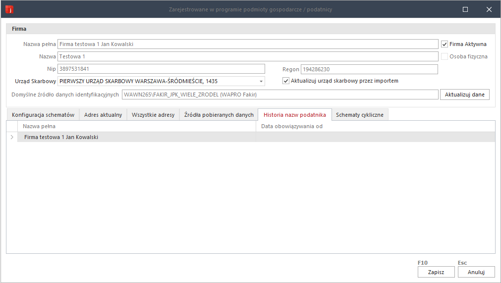 WAPRO JPK. Polecenie &quot;Lista firm&quot;. Zakładka &quot;Historia nazw podatnika&quot;