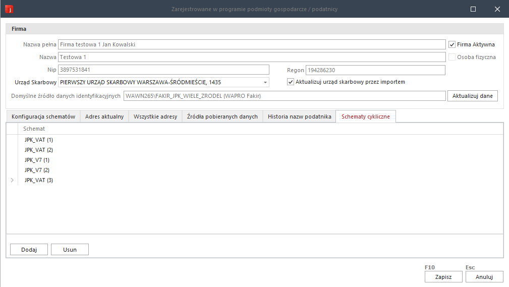 WAPRO JPK. Polecenie &quot;Lista firm&quot;. Zakładka &quot;Schematy cykliczne&quot;