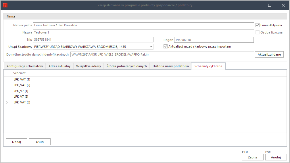 WAPRO JPK. Polecenie &quot;Lista firm&quot;. Zakładka &quot;Schematy cykliczne&quot;
