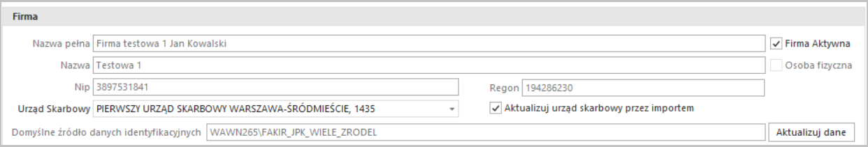 WAPRO JPK. Polecenie &quot;Lista firm&quot;, Domyślne źródło danych identyfikacyjnych