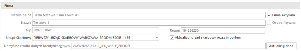 WAPRO JPK. Polecenie &quot;Lista firm&quot;, Domyślne źródło danych identyfikacyjnych