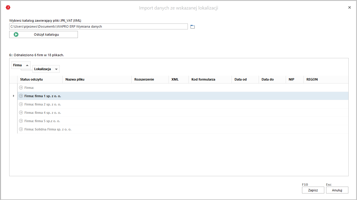 WAPRO JPK. listę firm, na podstawie danych znajdujących się w nagłówkach plików