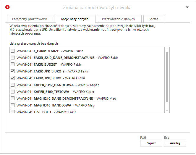 WAPRO JPK. Okno - Parametry użytkownika | Moje bazy danych