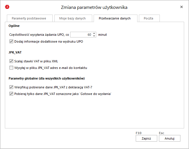 WAPRO JPK. Okno - Parametry użytkownika | Przetwarzanie danych